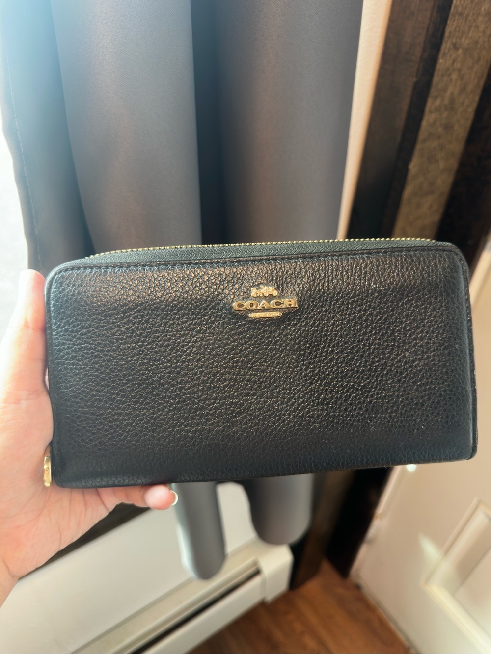 Coach Black Pebbled Leather Zip Wallet with Gold Logo